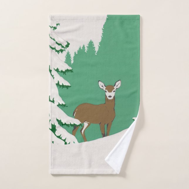 Female White Faced Deer Pine Tree Snow Green Hand Towel (Hand Towel)