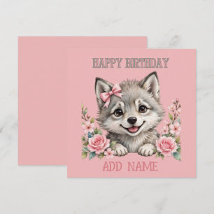 Female Wolf: Baby Animal Pastel bow & Flowers Card