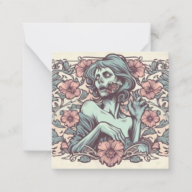 Female Zombie Art Nouveau with Flowers Pretty Note Card (Front)