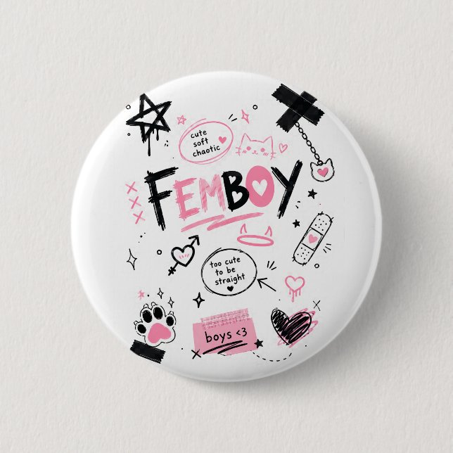 Femboy Aesthetic Cute Soft Chaotic Doodle  Button (Front)