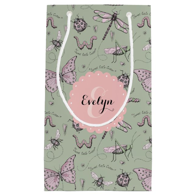 Femenine Sage and Pink Insect Pattern  Small Gift Bag (Front)