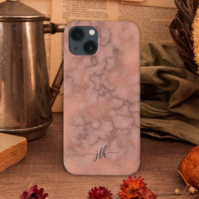 Femiknine Rose Marble and Metallic with Monogram Case-Mate iPhone Case (Modern styling in this feminine iPhone case to personalize with your monogram initials.)