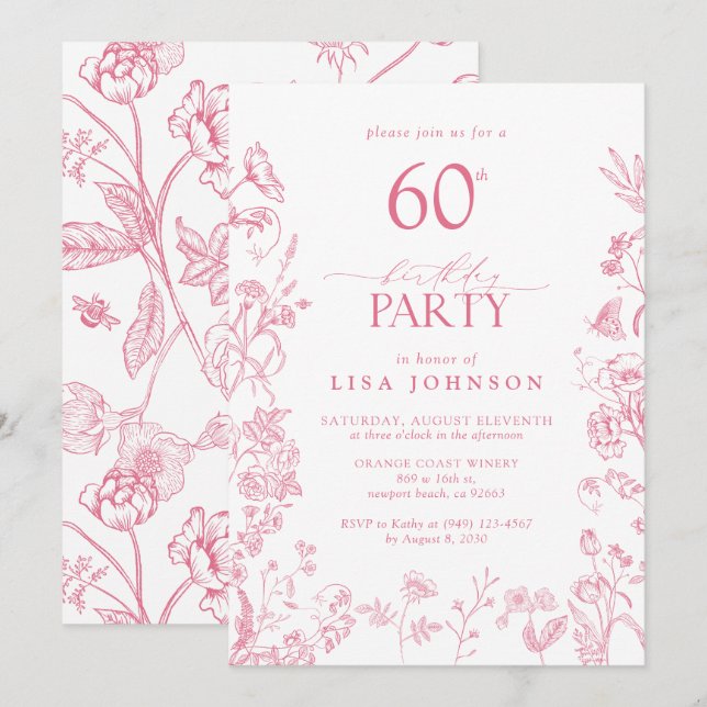 Feminine 60th Birthday Party Pink Victorian Floral Invitation (Front/Back)