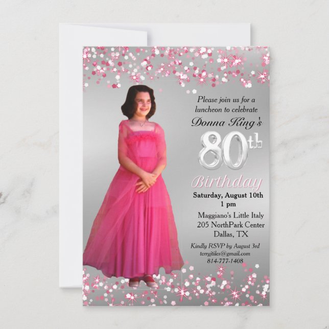 Feminine 80th Birthday Pink Sparkly 2 Photo Invitation (Front)