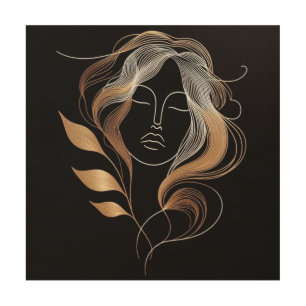 Feminine Abstract Face with Golden Nature Flow Wood Wall Art