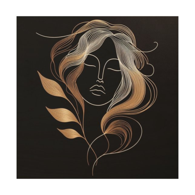 Feminine Abstract Face with Golden Nature Flow Wood Wall Art (Front)