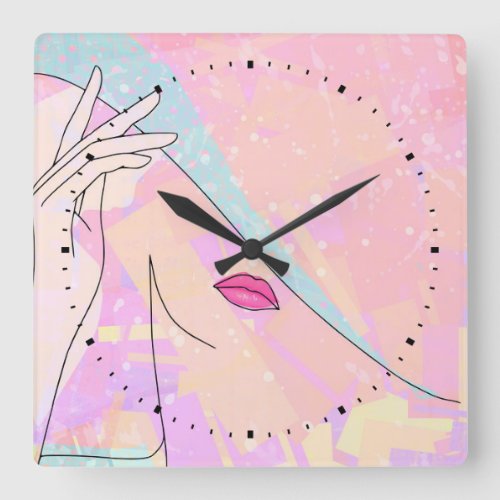 Feminine Abstract Line Drawing Female Mouth Minute Square Wall Clock