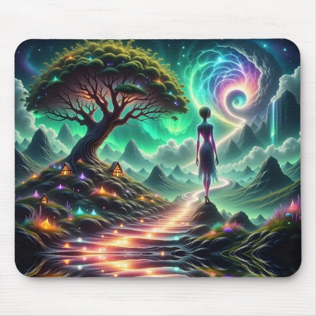 Feminine Alien walks thru twinkling alien garden Mouse Pad (Front)