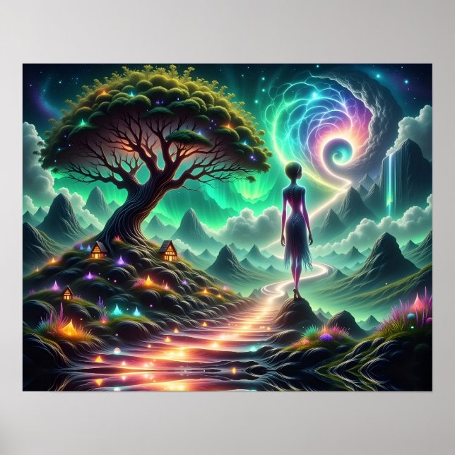 Feminine Alien walks thru twinkling alien garden Poster (Front)