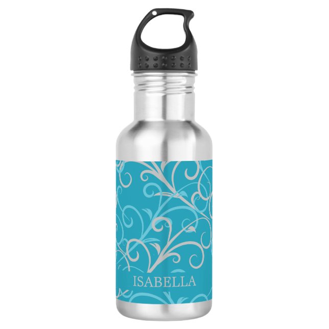 Feminine Aqua Blue Swirl Personalized  Stainless Steel Water Bottle (Front)