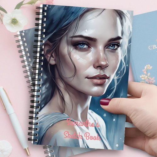 Feminine Beautiful Womans Portrait in Blue Hues Notebook