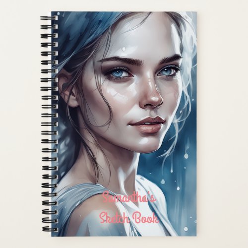 Feminine Beautiful Womans Portrait in Blue Hues Notebook