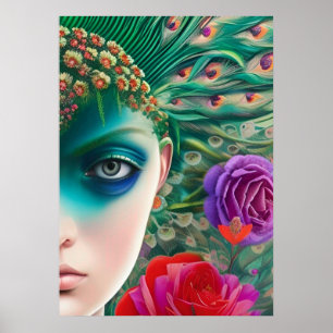 Feminine beauty Teal feathers headdress Poster