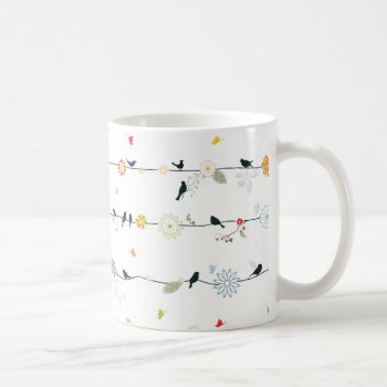 Feminine Birds On A Wire And Flowers Coffee Mug by JK_Graphics at Zazzle