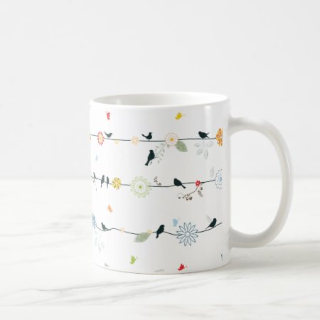 Feminine Birds On A Wire And Flowers Coffee Mug