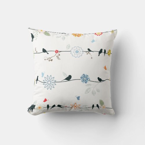 Feminine Birds on a Wire and Flowers Throw Pillow