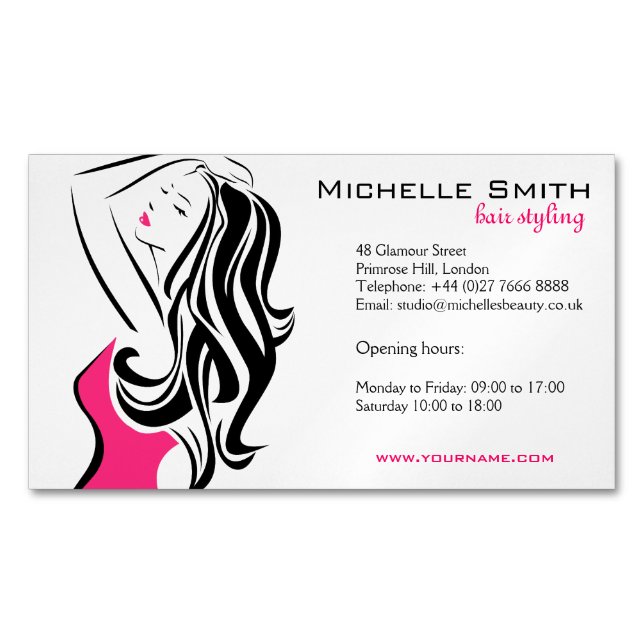 Feminine black and pink Fashion Girl Hair Styling  Business Card Magnet (Front)