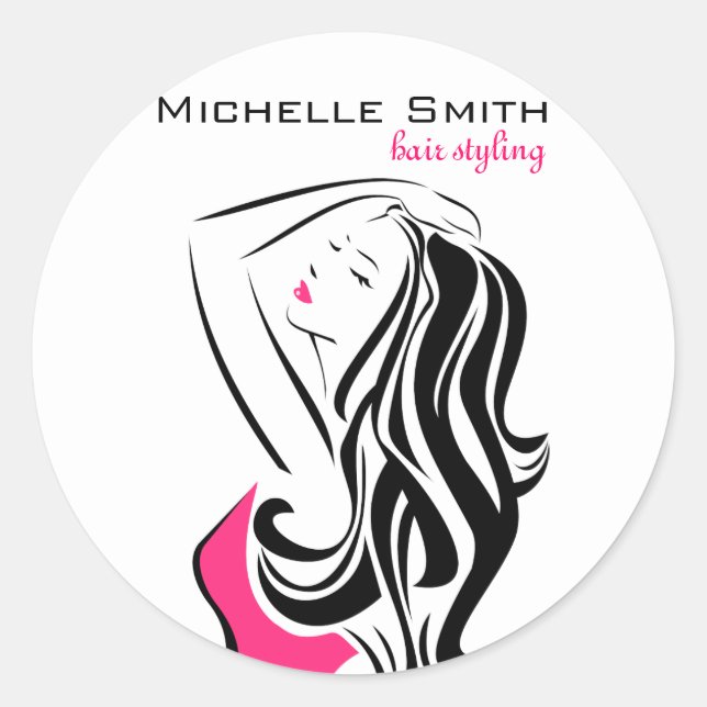 Feminine black and pink Fashion Girl Hair Styling  Classic Round Sticker (Front)