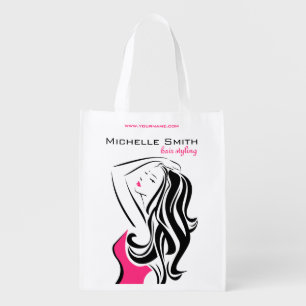 Feminine black and pink Fashion Girl Hair Styling  Grocery Bag