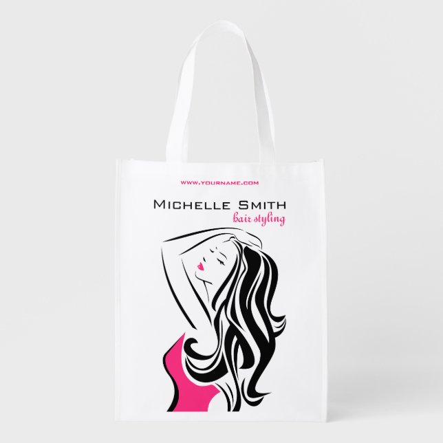 Feminine black and pink Fashion Girl Hair Styling  Grocery Bag (Front)