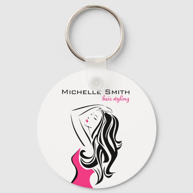 Feminine black and pink Fashion Girl Hair Styling  Keychain (Front)
