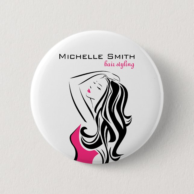 Feminine black and pink Fashion Girl Hair Styling  Pinback Button (Front)