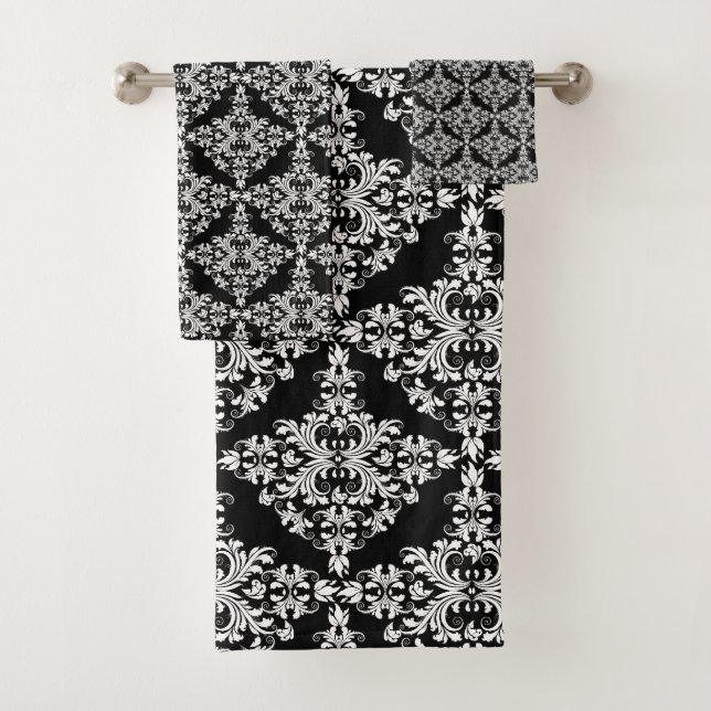 Feminine Black and White Damask Pattern Bath Towel Set (Insitu)