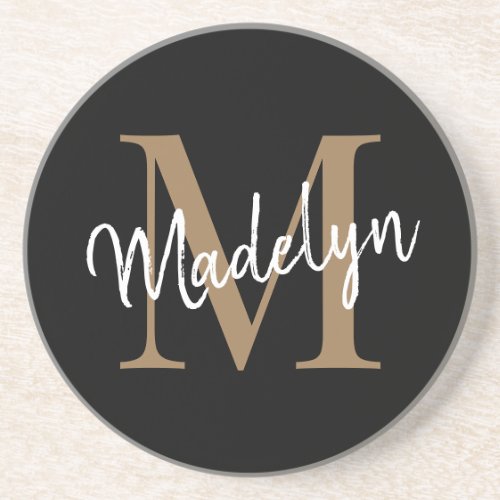 Feminine Black Gold Monogram Script Elegant Modern Coaster