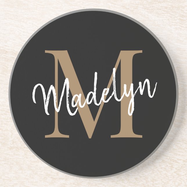 Feminine Black Gold Monogram Script Elegant Modern Coaster (Front)