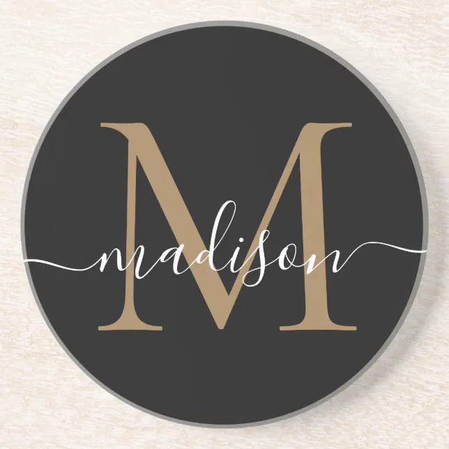 Feminine Black Gold Monogram Script Elegant Modern Coaster Zazzle