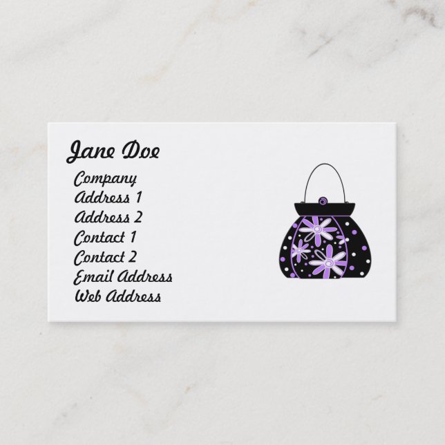 Feminine Black Purple Floral Handbag Business Card (Front)