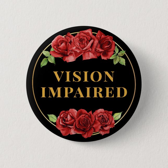 Feminine Black Red Rose Floral Vision Impaired Button (Front)