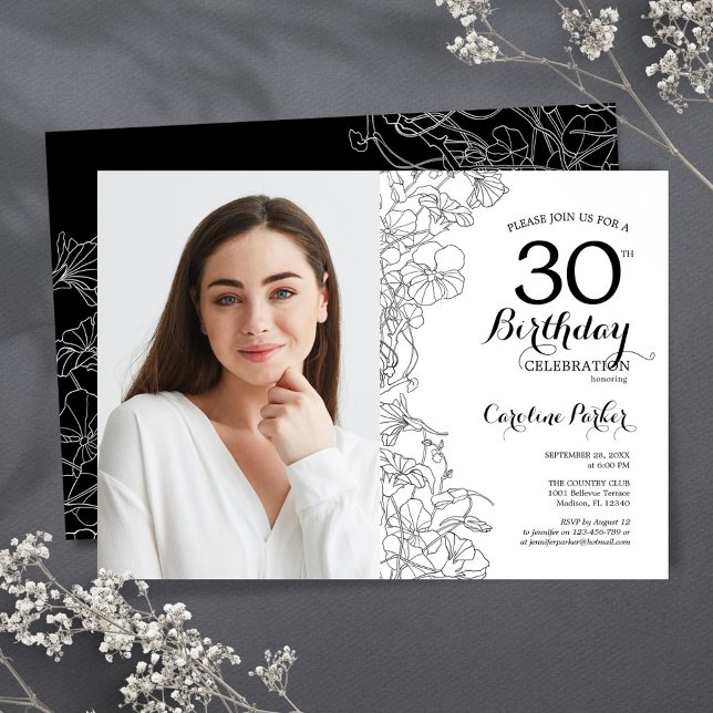 Feminine Black White Floral Photo 30th Birthday Invitation (Creator Uploaded)