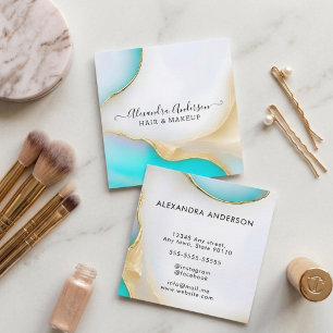 Feminine Blue and White Agate Gold Accents Square Business Card