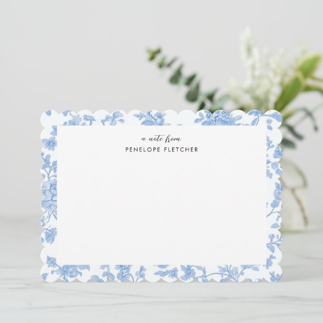 Feminine Blue Floral Toile de Jouy Scalloped Edge Note Card (Standing Front)
