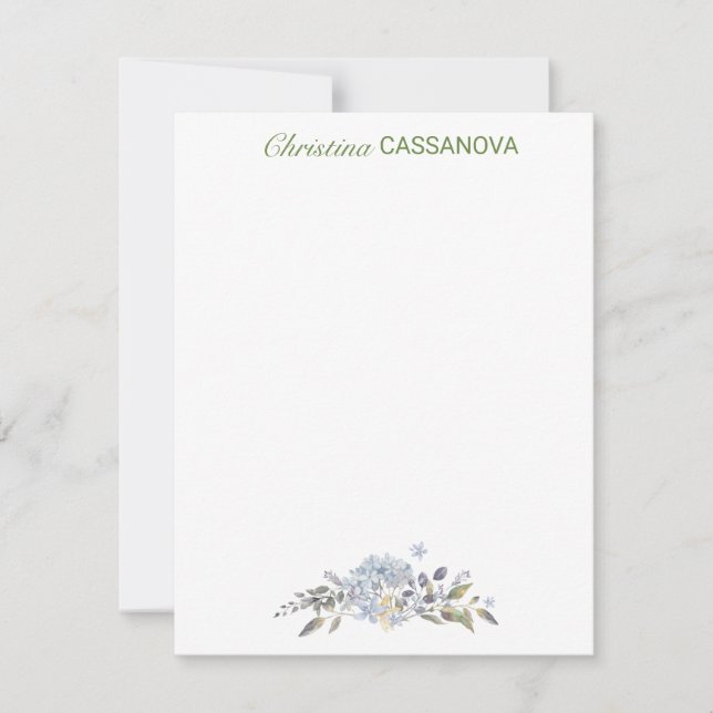 Feminine Blue Floral Watercolor Personalized Note Card (Front)