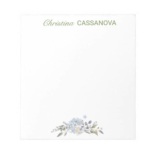 Feminine Blue Floral Watercolor Personalized  Notepad