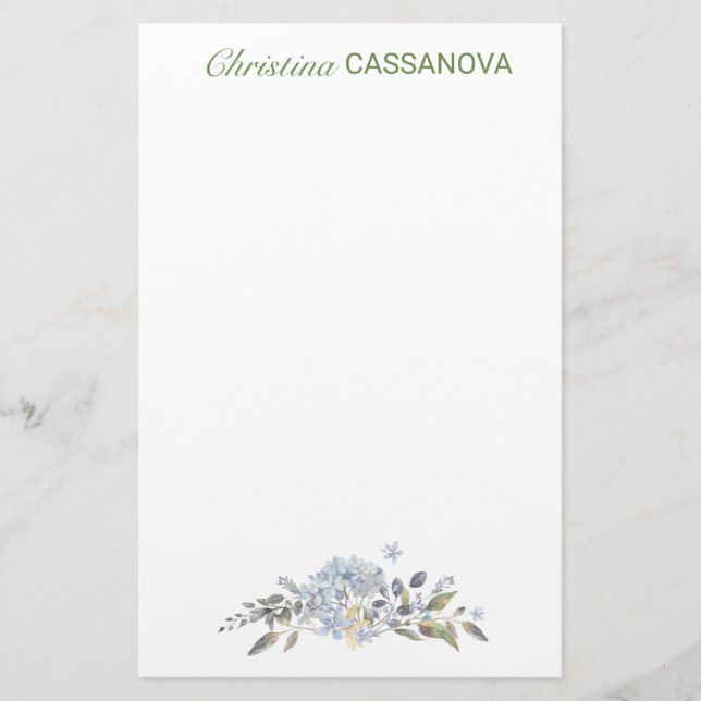 Feminine Blue Floral Watercolor Personalized Stationery (Front)