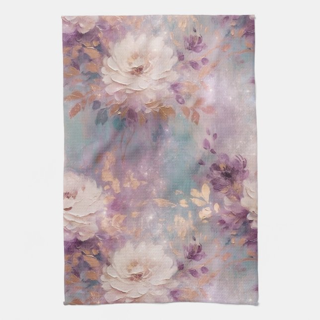 Feminine Blue White Gold Purple Floral Kitchen Towel (Vertical)