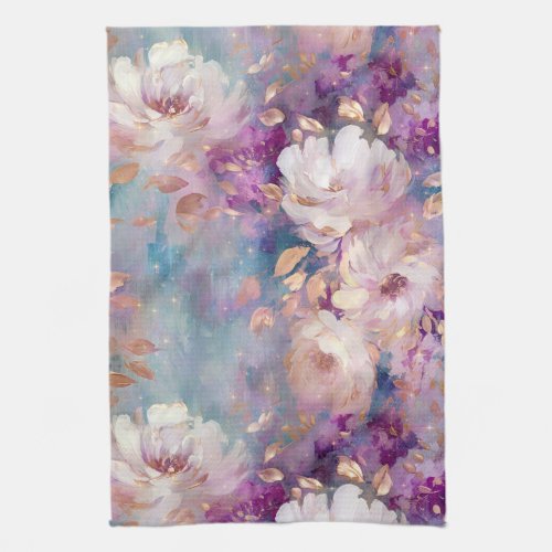 Feminine Blue White Gold Purple Flowers Kitchen Towel