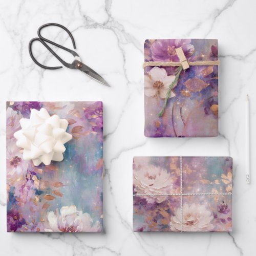 Feminine Blue White Gold Purple Flowers Wrapping Paper Sheets