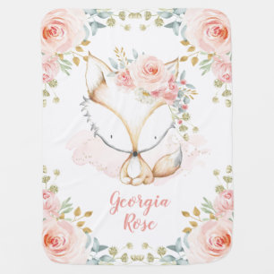 Feminine Blush Floral Baby Fox Girl Nursery Baby Blanket
