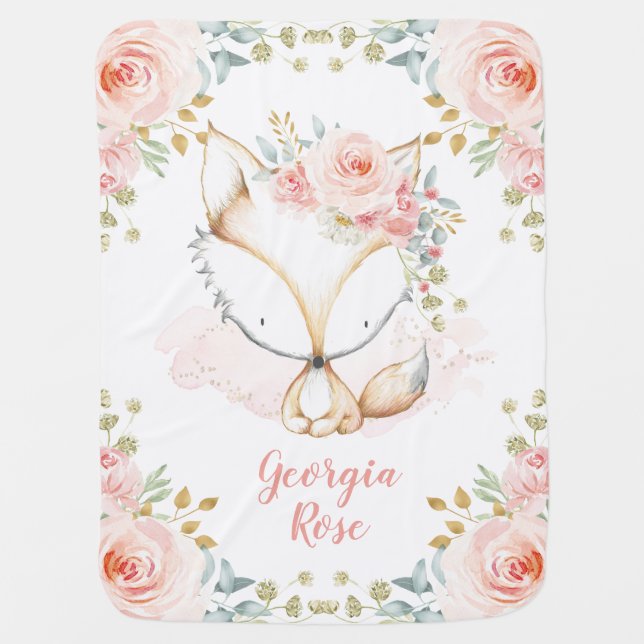 Feminine Blush Floral Baby Fox Girl Nursery Blanket (Front)
