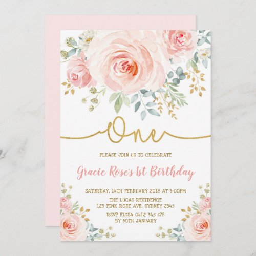 Feminine Blush Floral Rose Girl 1st Birthday Party Invitation