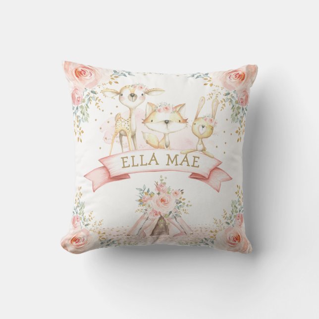 Feminine Blush Floral Tribal Boho Woodland Animals Throw Pillow (Front)