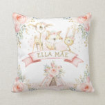 Feminine Blush Floral Tribal Boho Woodland Animals Throw Pillow<br><div class="desc">Adorable woodland-themed cushion featuring a group of adorable baby animals and elegant watercolor floral arrangement in blush and gold. Matching items available in our store!</div>