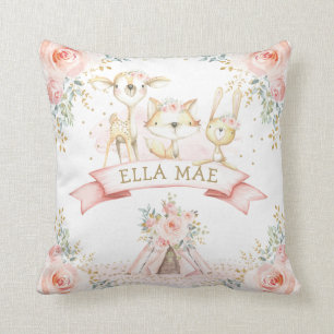Feminine Blush Floral Tribal Boho Woodland Animals Throw Pillow