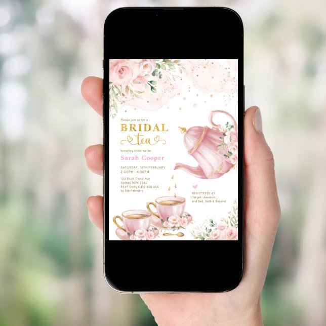 Feminine Blush Gold Floral Bridal Shower Tea Party Invitation (Front Digital)