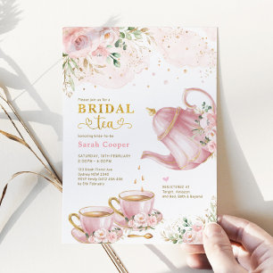 Feminine Blush Gold Floral Bridal Shower Tea Party Invitation