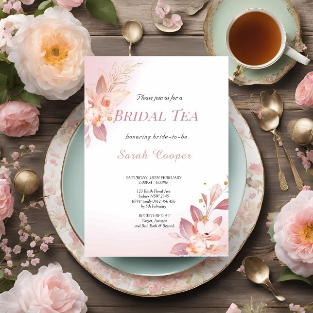 Feminine Blush Gold Floral Bridal Shower Tea Party Invitation (Creator Uploaded)